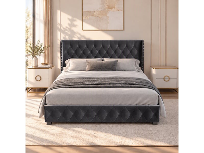  Lit coffre 140x190 cm, lit double avec sommier hydraulique relevable, tête de lit capitonnée à oreilles, rivets design classique, velours, gris foncé  - Conforama C