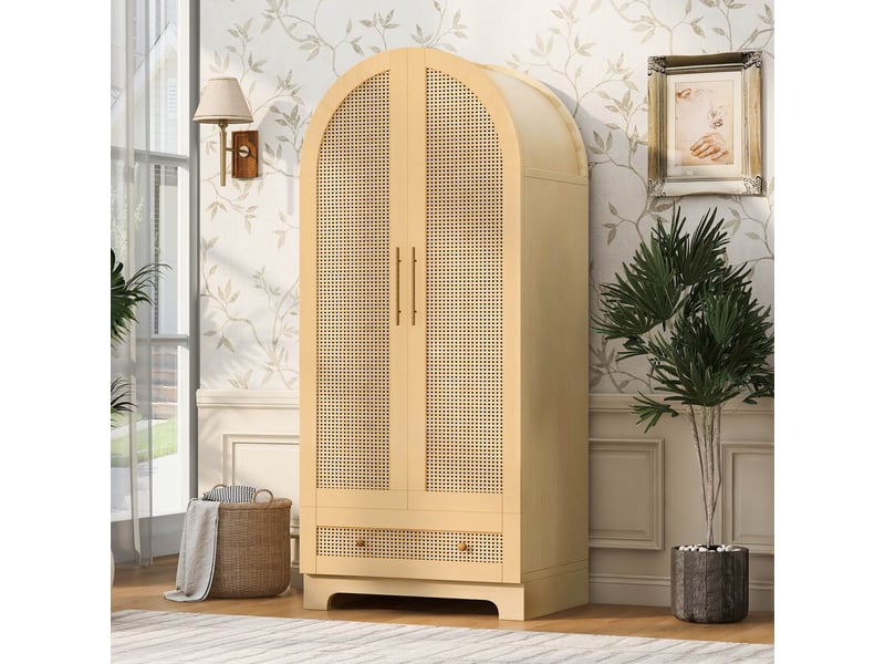 Armoire de chambre 2 portes en rotin 70 x 55 x 170 cm avec tiroir et étagères, design incurvé, meuble de rangement, naturel Sol Morn - Conforama B