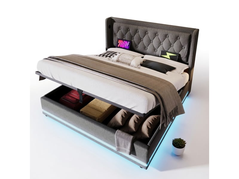 Lit coffre 160x200 cm en gris avec matelas, led, usb-c et hydraulique - Conforama A