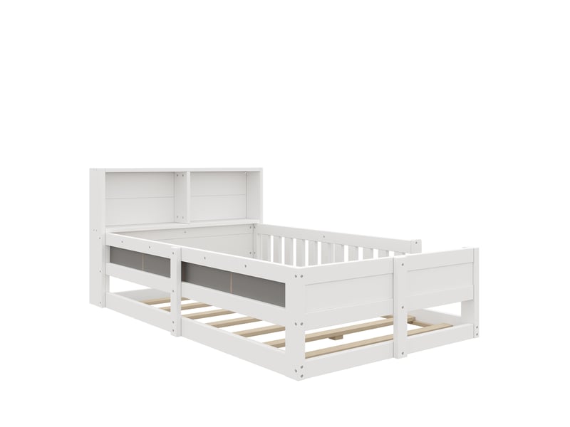 Lit enfant bas 90x200 cm avec barrières, led et côtés rembourrés, blanc, moderne - Conforama E