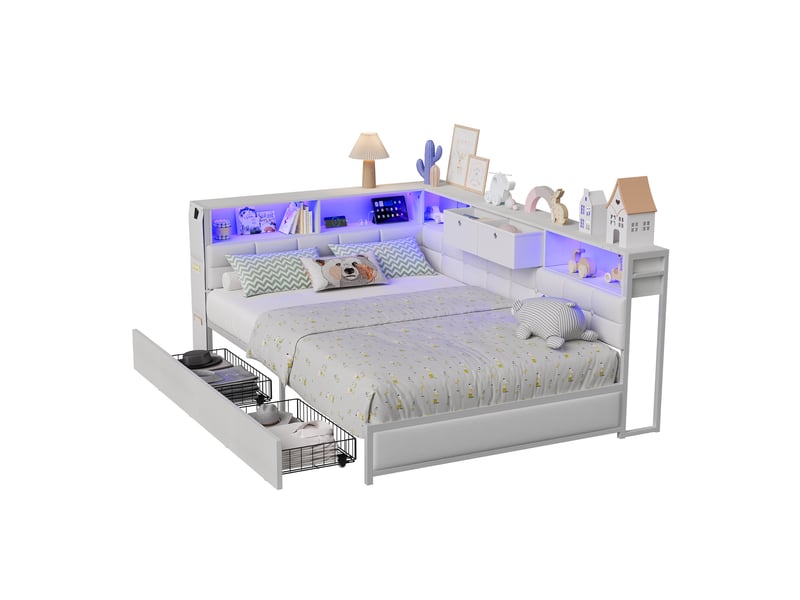 Lit 2 places 140 x 200 cm – lit adulte - éclairage led – ports usb –  2 tiroirs - sommier à lattes - espace de rangement sous le lit - lin beige  - Conforama A