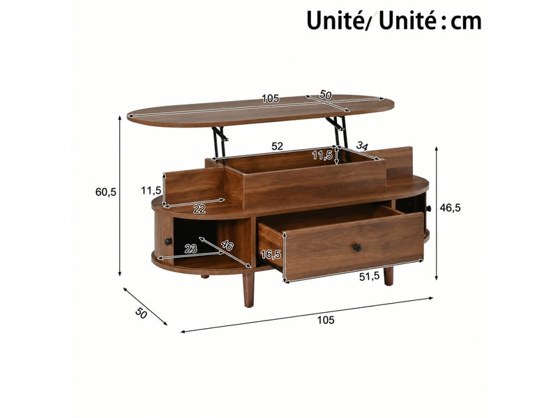  Table basse ovale relevable avec rangement, mdf, 105 x 50 cm, couleur noyer  - Conforama C