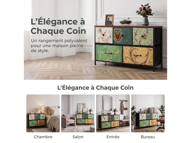  Commode 5 tiroirs, commode de rangement, tissu floral,structure en métal,pour salon, chambre, style bohème,100 x 30 x 55 cm  - Conforama D