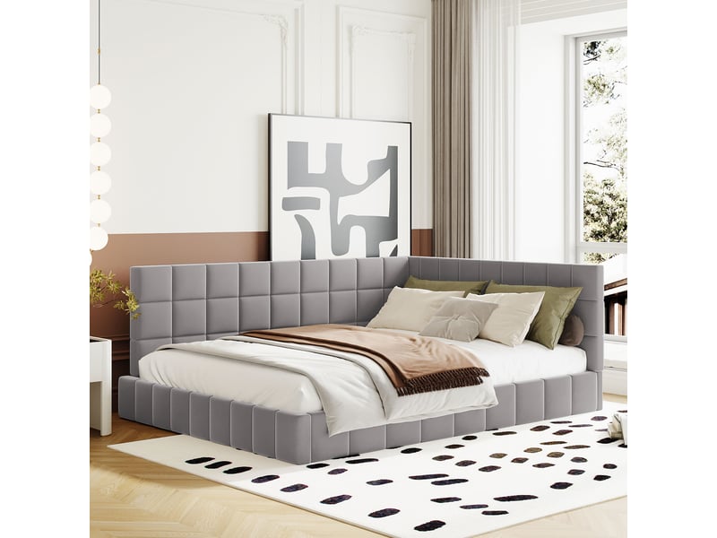 Lit banquette enfant rembourré 140 x 200 cm avec sommier à lattes, velours, gris Fay Lum - Conforama E
