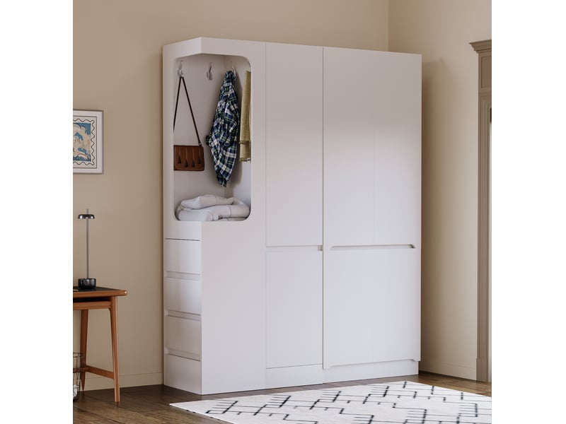  Armoire tcqpz 140 x 40 x 170 cm avec tiroirs et rangements, dressing ouvert, blanche en bois  - Conforama E