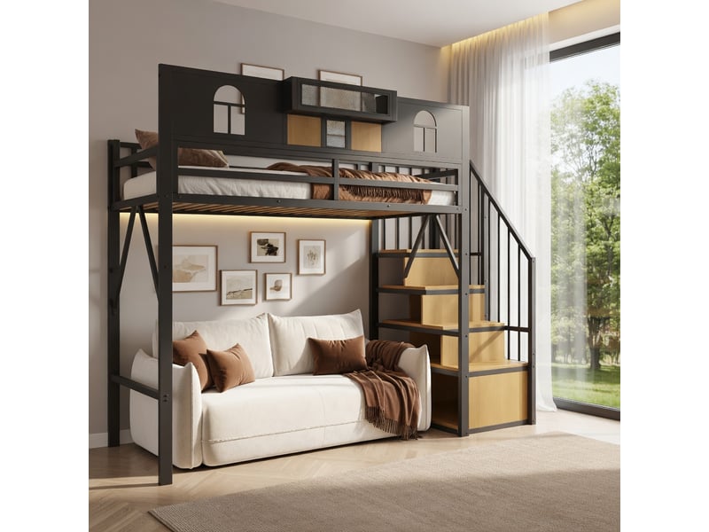  Lit mezzanine 90 x 200 cm, avec échelle et bande lumineuse, compartiments de rangement, structure métallique, noir  - Conforama B