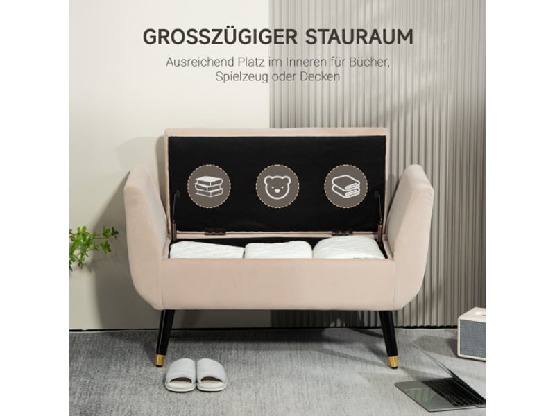 Banc coffre beige effet velours avec accoudoirs, rangement, bois d’hévéa, 107x42x65 cm  - Conforama C