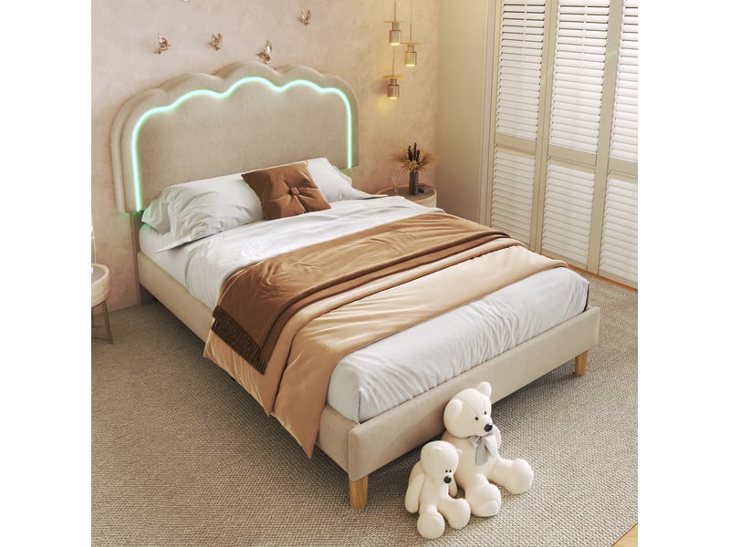  Lit simple led 90x200 cm beige avec tête de lit réglable  - Conforama B