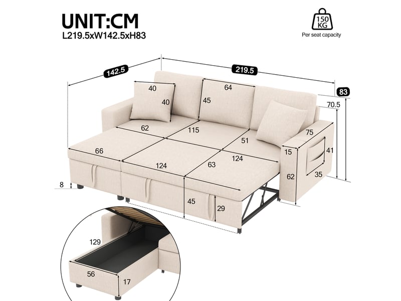 Canapé d'angle convertible 3-4 places en tissu effet lin beige avec coffre et méridienne réversible - Conforama C