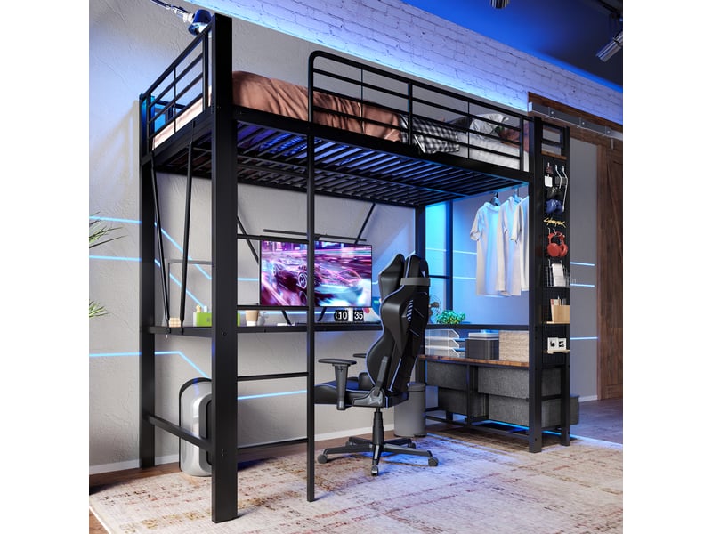  Lit mezzanine enfant 90x200 cm avec bureau, penderie, 4 tiroirs, tablettes et led, mdf et métal, noir, sans matelas  - Conforama W