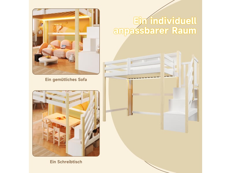  Lit mezzanine 90x200 cm blanc et naturel en pin, led, escalier de rangement, niches ouvertes et espace libre dessous  - Conforama E