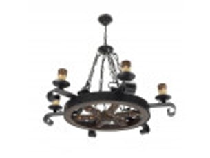 Suspension rustique ABRILA Rueda 6 lumières E27 marron rustique, métal résine et polycarbonate, hauteur réglable 40-70 cm, Ø70 cm