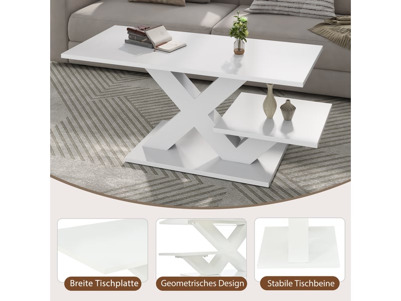  Table basse blanche brillante, table de salon rectangulaire en mdf avec double plateau de rangement et pieds géométriques en x, 100x48x45 cm  - Conforama E