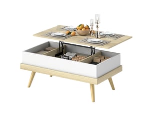 Table basse relevable 3 compartiments pieds en pin naturel et blanc 100x55x40,5 cm