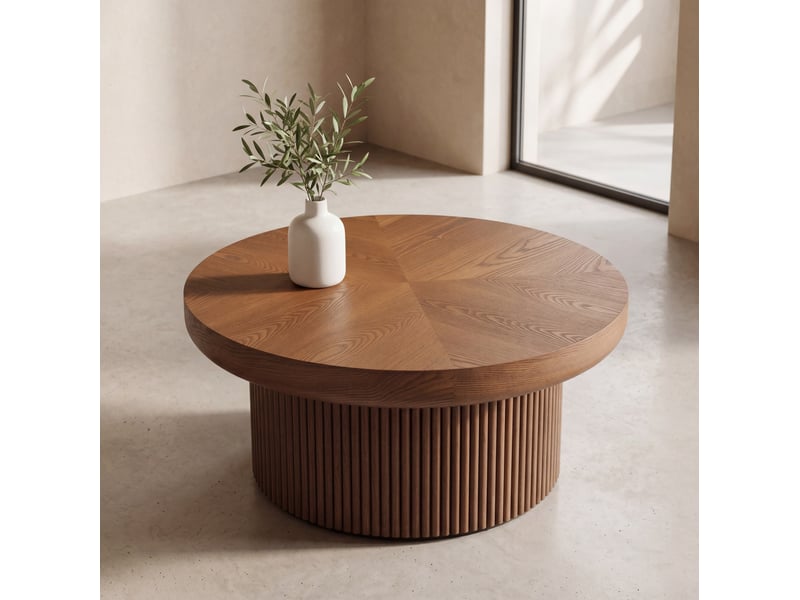  Table basse ronde 78 cm avec plateau à motif parquet bois et base cylindrique pour salon en bois couleur noyer  - Conforama E