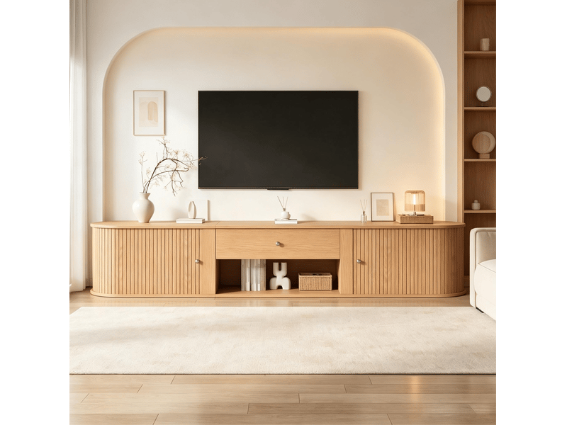 Meuble tv bas 180x40x40 cm 2 portes à rideau panneau de particules naturel  - Conforama C