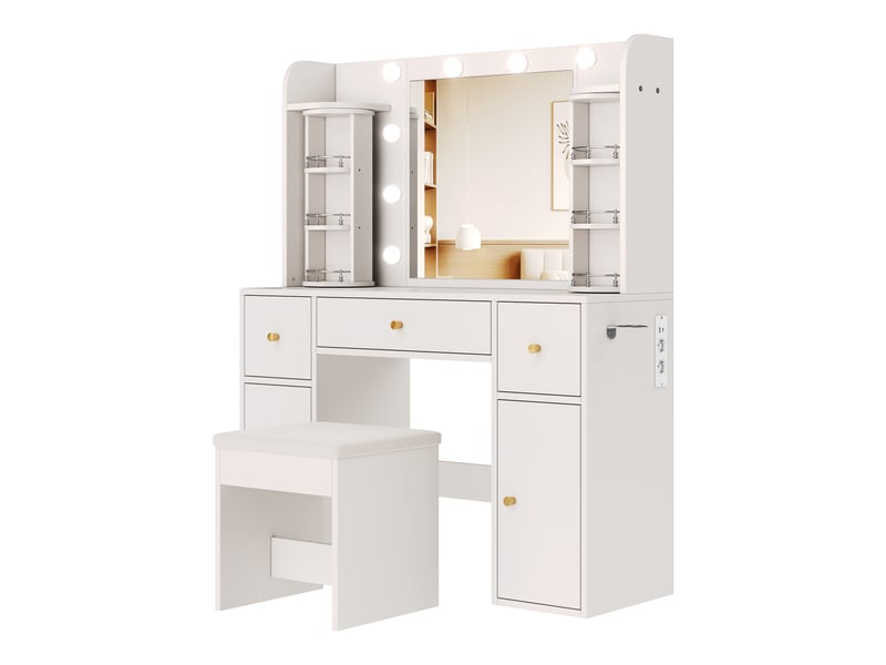 Coiffeuse avec miroir led dimmable 115x40x142 cm-organiseur à bijoux rotatif-usb-c-porte-sèche-cheveux-3 tiroirs-blanc  - Conforama A