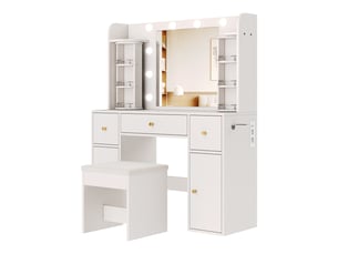 Coiffeuse avec miroir led dimmable 115x40x142 cm-organiseur à bijoux rotatif-usb-c-porte-sèche-cheveux-3 tiroirs-blanc
