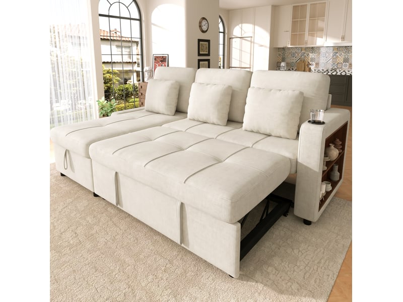  Canapé-lit 3 places 201,3x126,1x86,1 cm avec rangement et porte-gobelet beige clair  - Conforama C
