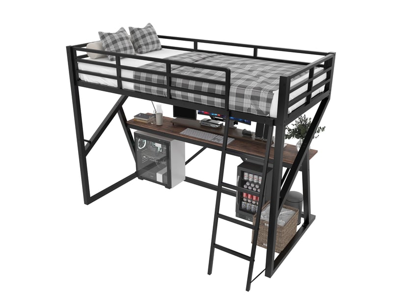  Lit mezzanine enfant 90x200 cm avec bureau, led multicolore, garde-corps, échelle, métal mdf, noir sans matelas  - Conforama A