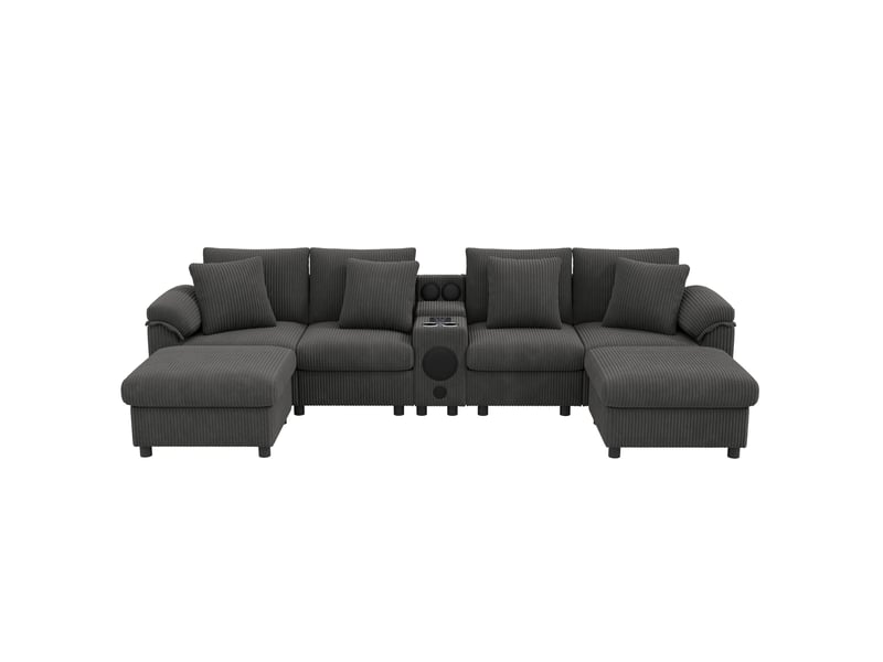  Canapé droit 315,5x144x84,5cm 4 places, console multimédia bluetooth, 2 poufs inclus, revêtement velours côtelé, gris  - Conforama A