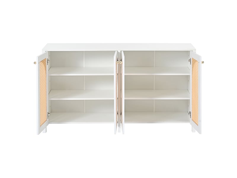  Buffet 4 portes rotin blanc minimaliste 145cm, meuble de rangement salle à manger avec étagères réglables  - Conforama R