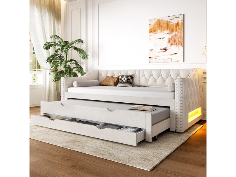  Lit gigogne rembourré 90x200 cm coloris beige led lin lit enfant beige - Conforama E