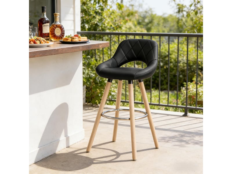  Tabouret de bar,43x43 cm,avec dossier et pieds en bois,similicuir,noir  - Conforama E