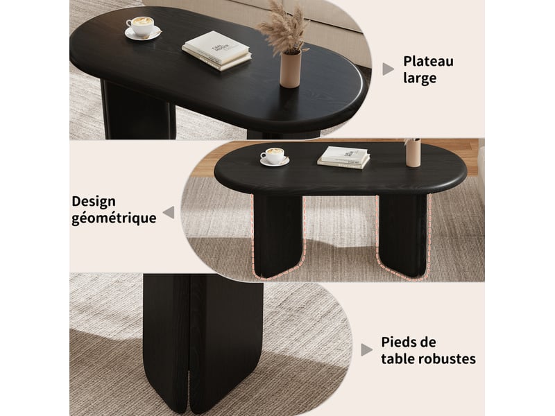  Table basse ovale 90x50x40 cm design moderne, pieds décoratifs, mdf, plateau effet bois noir  - Conforama D