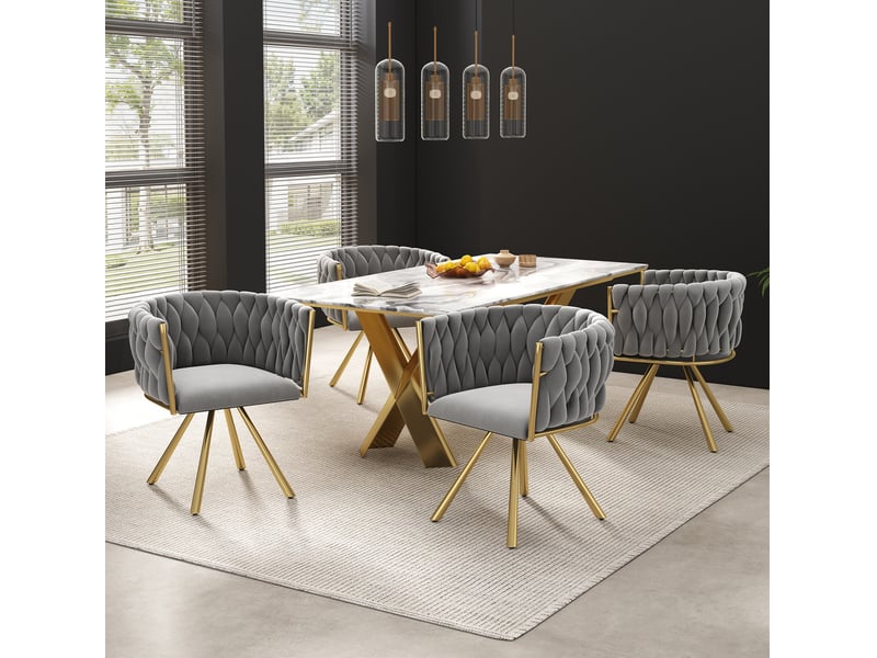  Chaise de salle à manger pivotante à 360 degrés, lot de 6 avec dossier incurvé, en velours gris et doré  - Conforama E