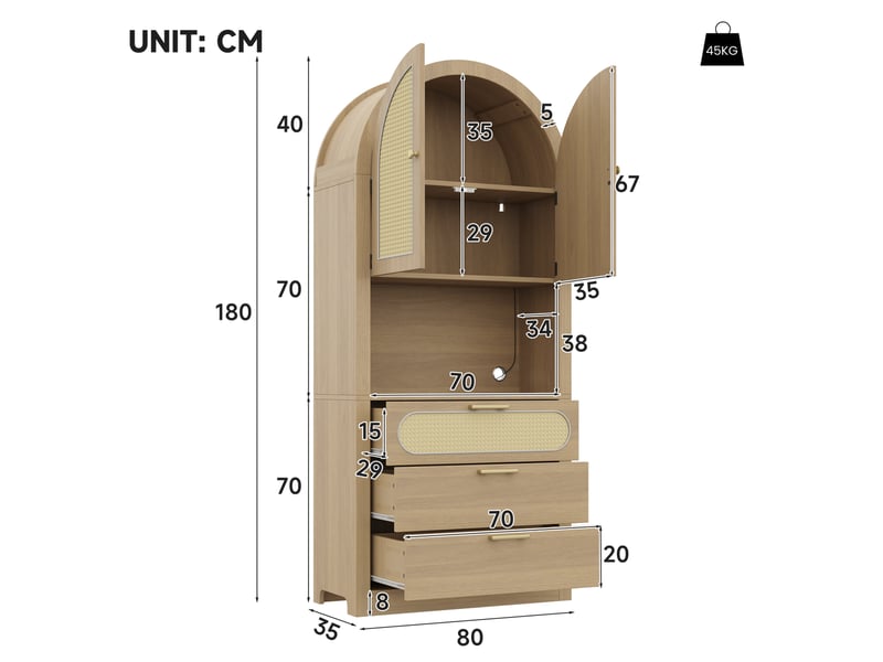  Vitrine chêne clair 80 cm - portes rotin, led réglable - 1 vitrine, 2 niches, 3 tiroirs - salon  - Conforama D