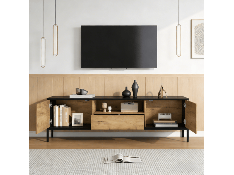  Meuble tv modenvie 170 x 35 x 50 cm avec 2 portes et 1 tiroir chêne et noir  - Conforama E