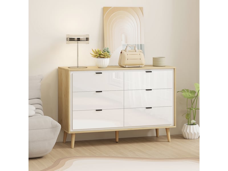  Commode à 6 tiroirs, style moderne, pieds en bois, 110 x 40 x 75 cm, blanc brillant et chêne.  - Conforama D