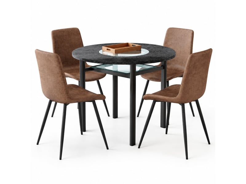  Ensemble table à manger ronde 100 cm avec 4 chaises en tissu marron et métal noir  - Conforama A