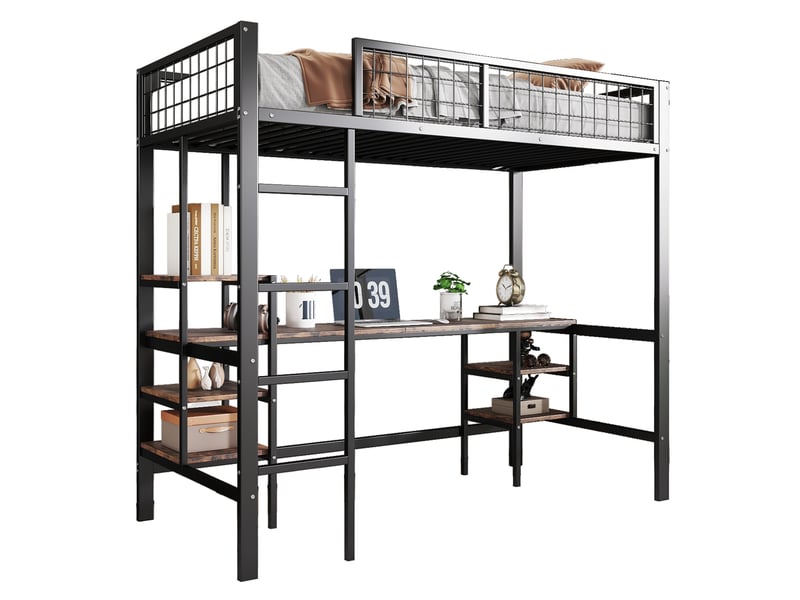  Lit mezzanine 90x200 cm avec bureau et rangement métal panneau de particules noir et bois foncé sans matelas  - Conforama A