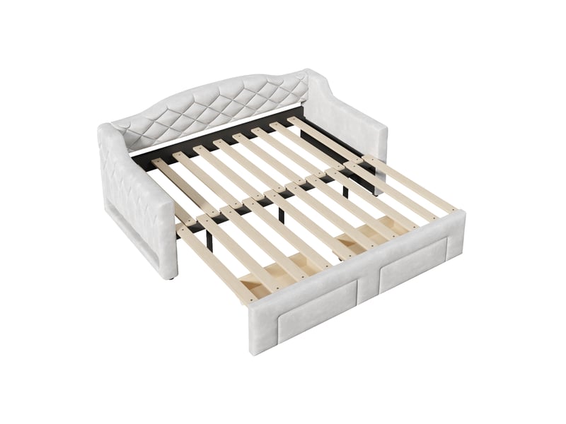  Lit banquette extensible 90 à 180 × 200 cm, 2 tiroirs et led, gris  - Conforama E