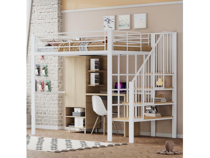  Lit mezzanine enfant 140x200 cm – blanc – escalier intégré, structure métallique, rangement – sans matelas  - Conforama B