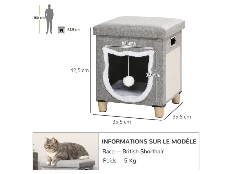  Niche d'intérieur 2 en 1 et repose-pieds avec coussin amovible gris 35,5x35,5x42,5 cm  - Conforama C