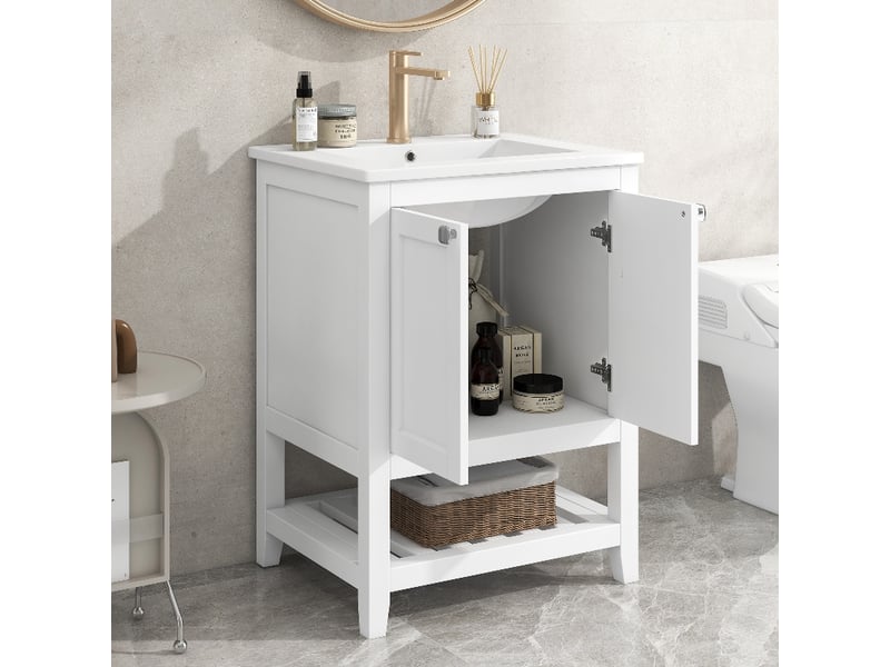 Meuble salle de bain 60cm blanc avec vasque en céramique, meuble sous vasque sur pied en bois massif et mdf, 61x46x90cm - Conforama D