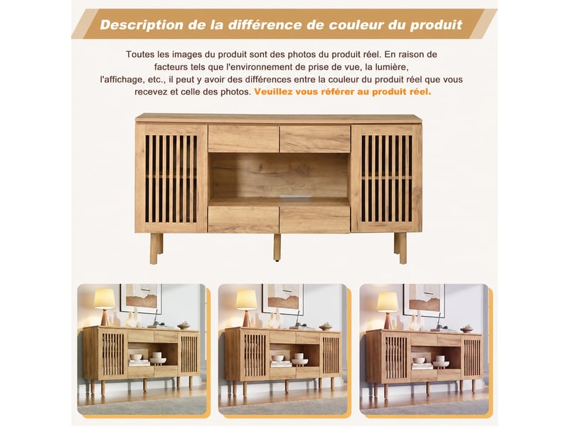 Buffet 140 x 35 x 71 cm, 4 tiroirs et 2 portes à persiennes, couleur bois naturel  - Conforama E