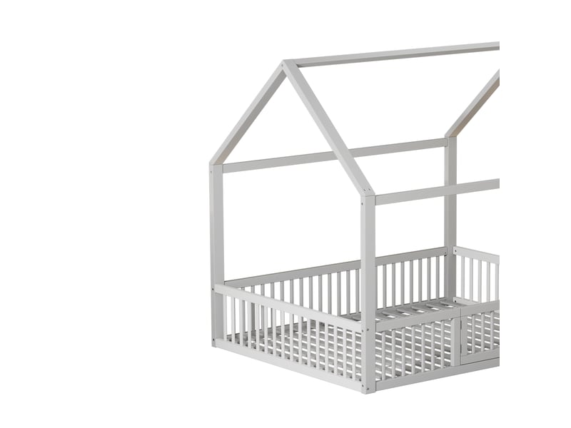  Lit cabane 140x200 cm forme maison avec porte et barrières, pin, blanc, sans matelas  - Conforama E