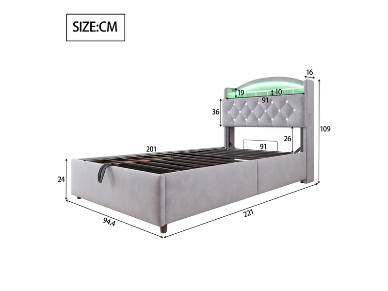  Lit enfant rembourré 90 x 200 cm en velours avec rangement relevable, led, ports usb et usb-c, sommier métallique, sans matelas, gris  - Conforama D