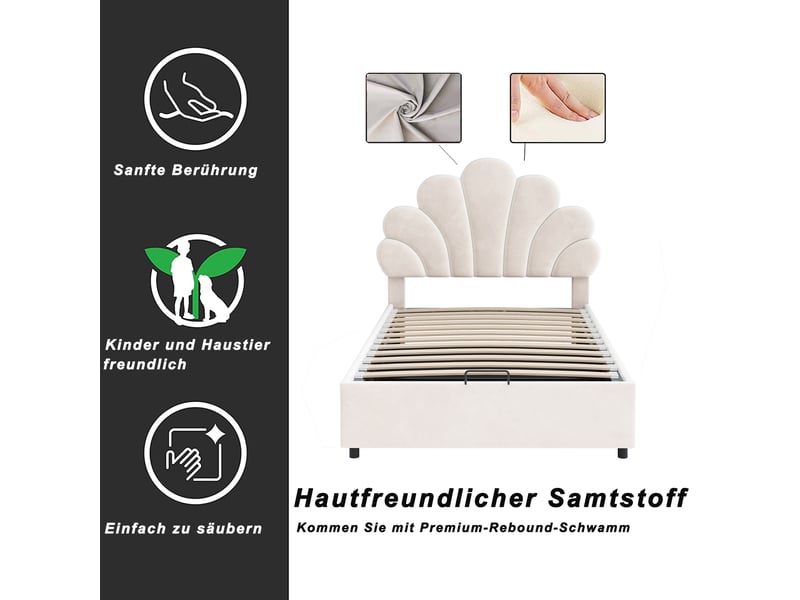  Lit coffre enfant 90x200 cm, espace de rangement, tête de lit réglable, sommier, velours beige, sans matelas  - Conforama D