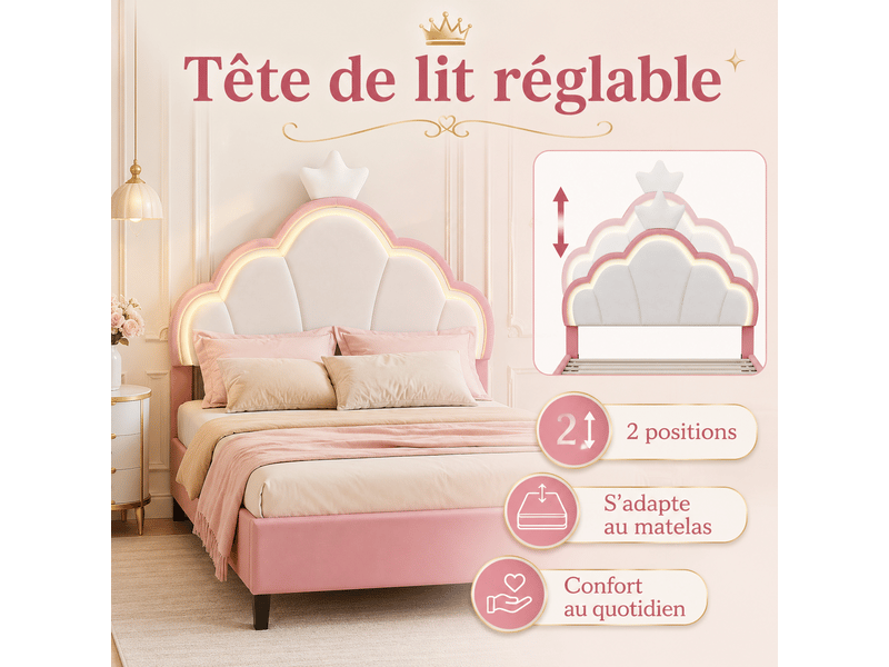 Lit capitonné 90 x 200 cm, lit enfant avec sommiers à lattes et dossier,cadre de lit pour fille, lit enfant 90x200 cm, lumière led, lit fille avec tête de lit réglable en hauteur, décor couronne, lit rembourré enfant, 1 person… - Conforama D