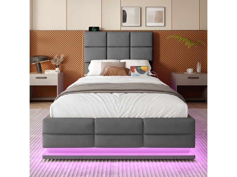  Lit coffre enfant 90x200cm avec led, rangement, tête réglable, charge, velours gris, sans matelas  - Conforama B