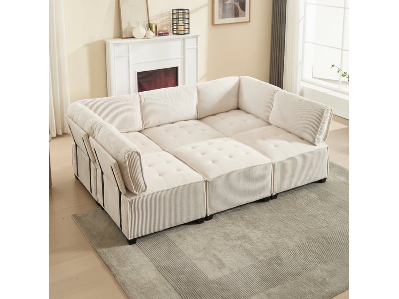  Canapé modulable modenvie 6 places velours côtelé beige 308 x 154 x 81,99 cm  - Conforama E