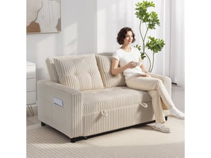 Canapé convertible 2 places canapé-lit en velours côtelé 157x190cm crème dossier réglable poches latérales et 2 coussins
