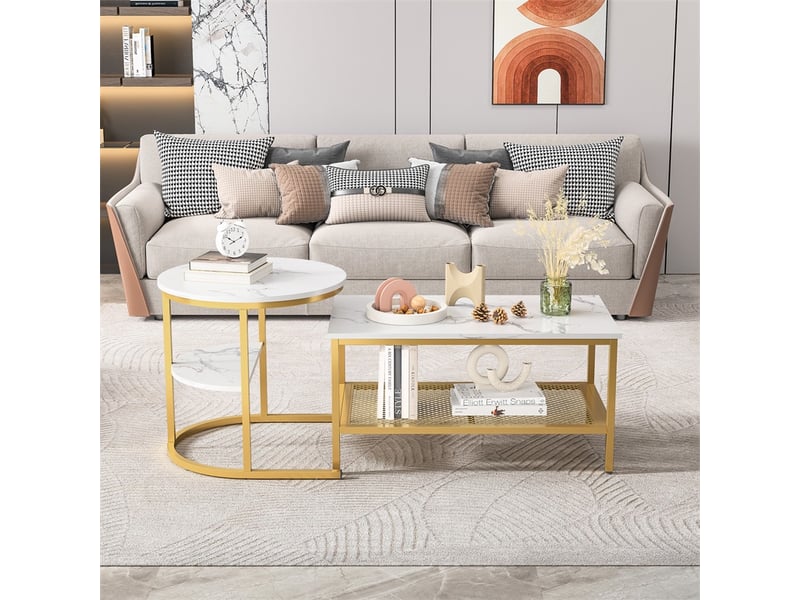  Lot de 2 tables basses gigognes 80x45x45cm et ø50x55cm - plateau marbre blanc, métal doré, double niveau salon - blanc et or  - Conforama D