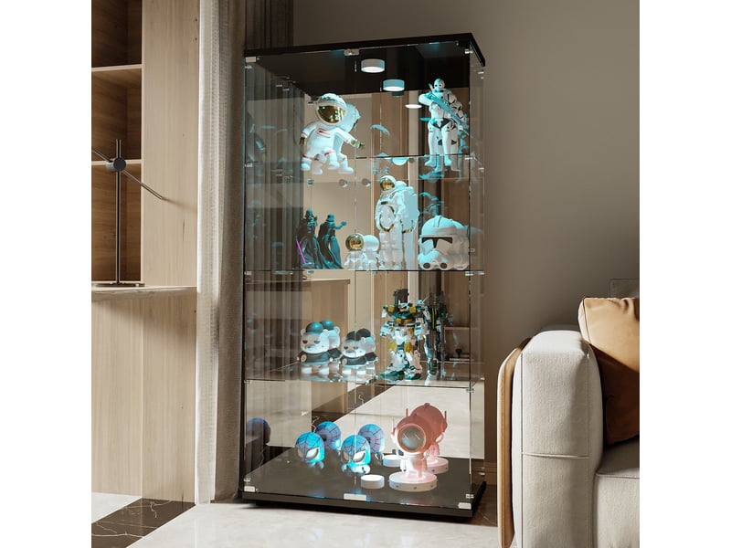  Vitrine d'exposition - 80.5x36.5x164cm - cabinet 4 niveaux avec led et miroir, double porte verrouillable - noir  - Conforama C