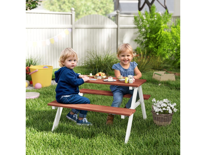  Table de pique-nique pour enfants avec bancs en bois massif table enfant pour le jardin 89 x 79 x 50 cm marron et blanc  - Conforama B